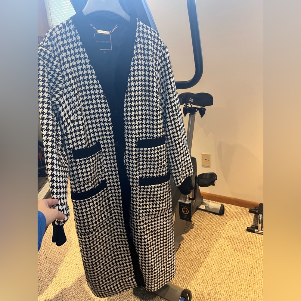 BNWT Kathy Ireland® Long Black & White Houndstooth Tweed Cardigan Jacket size L - Picture 7 of 12
